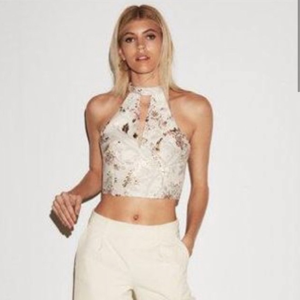 Express | Floral Jacquard Embroidered Halter Top | Silver - S